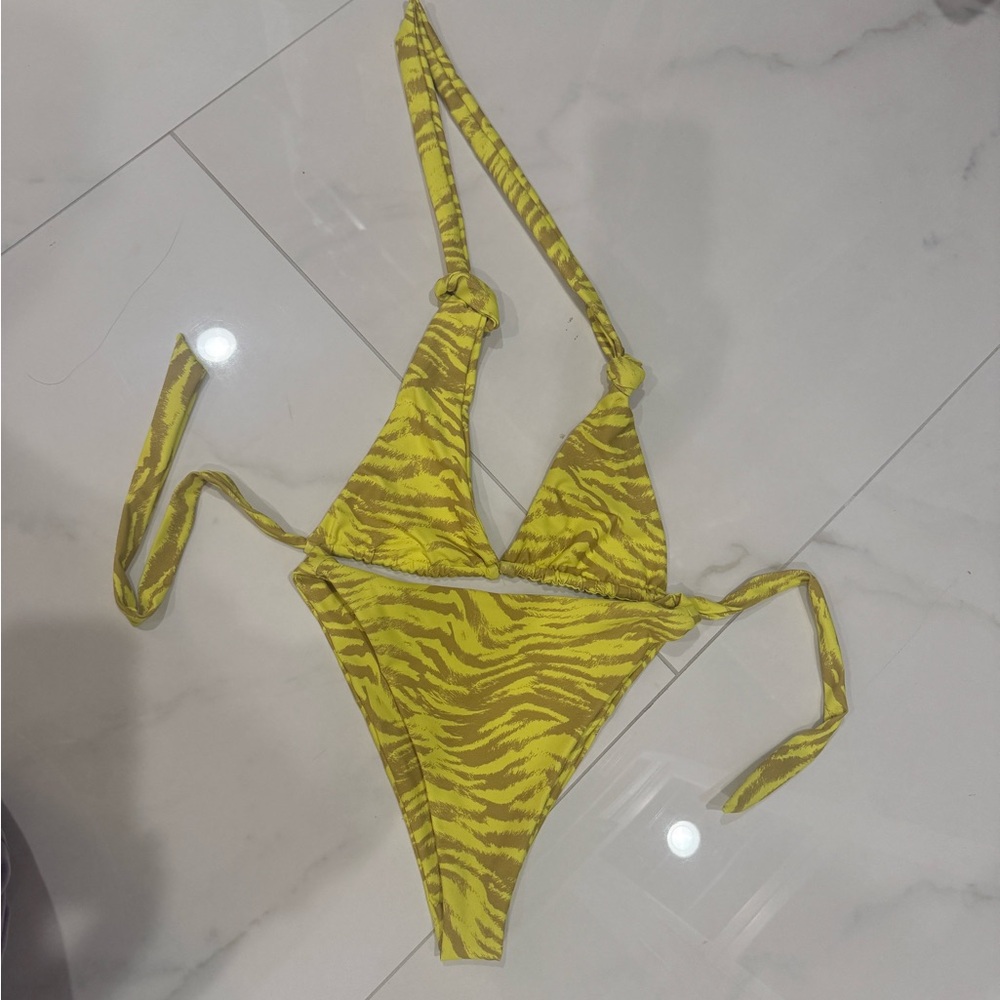 SKATIE Neon yellow tiger print bikini SET. Both size small.